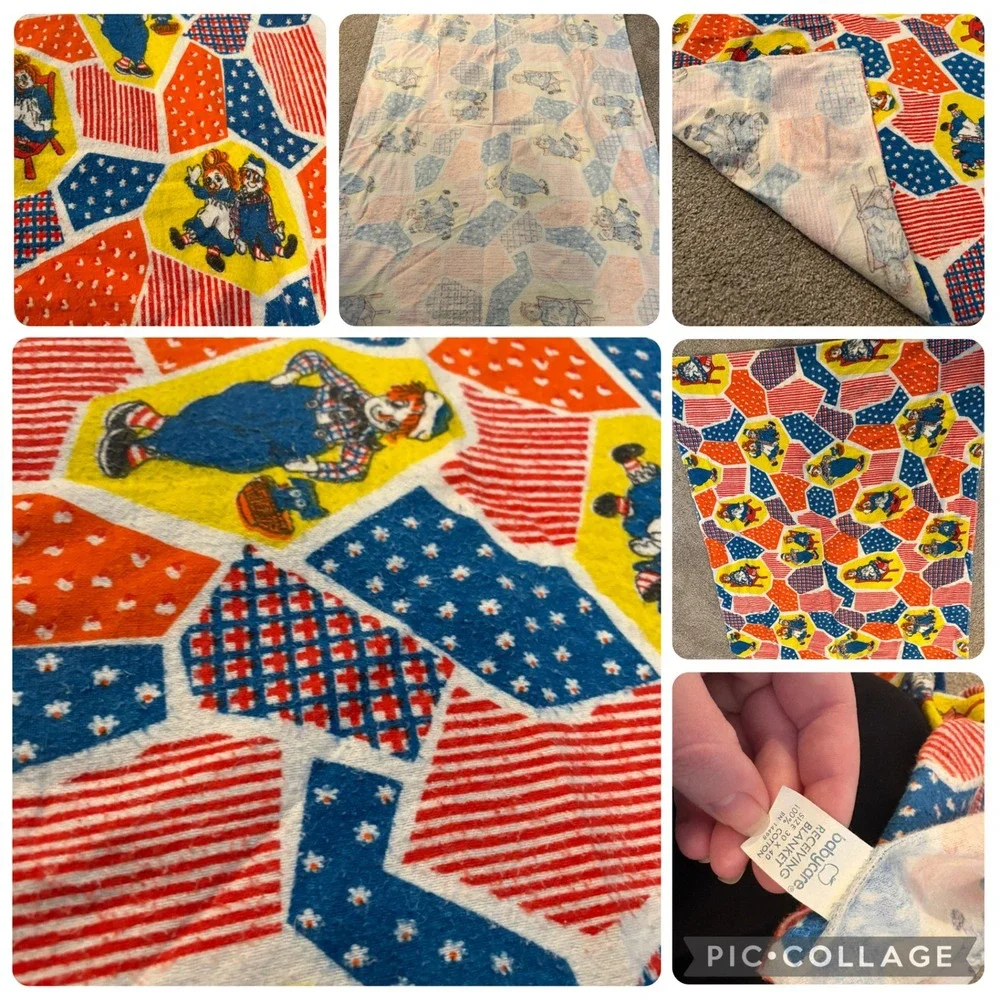 Vintage Babycare Raggedy Ann and Andy‎ Cotton Receiving Blanket 30x40 Red Blue